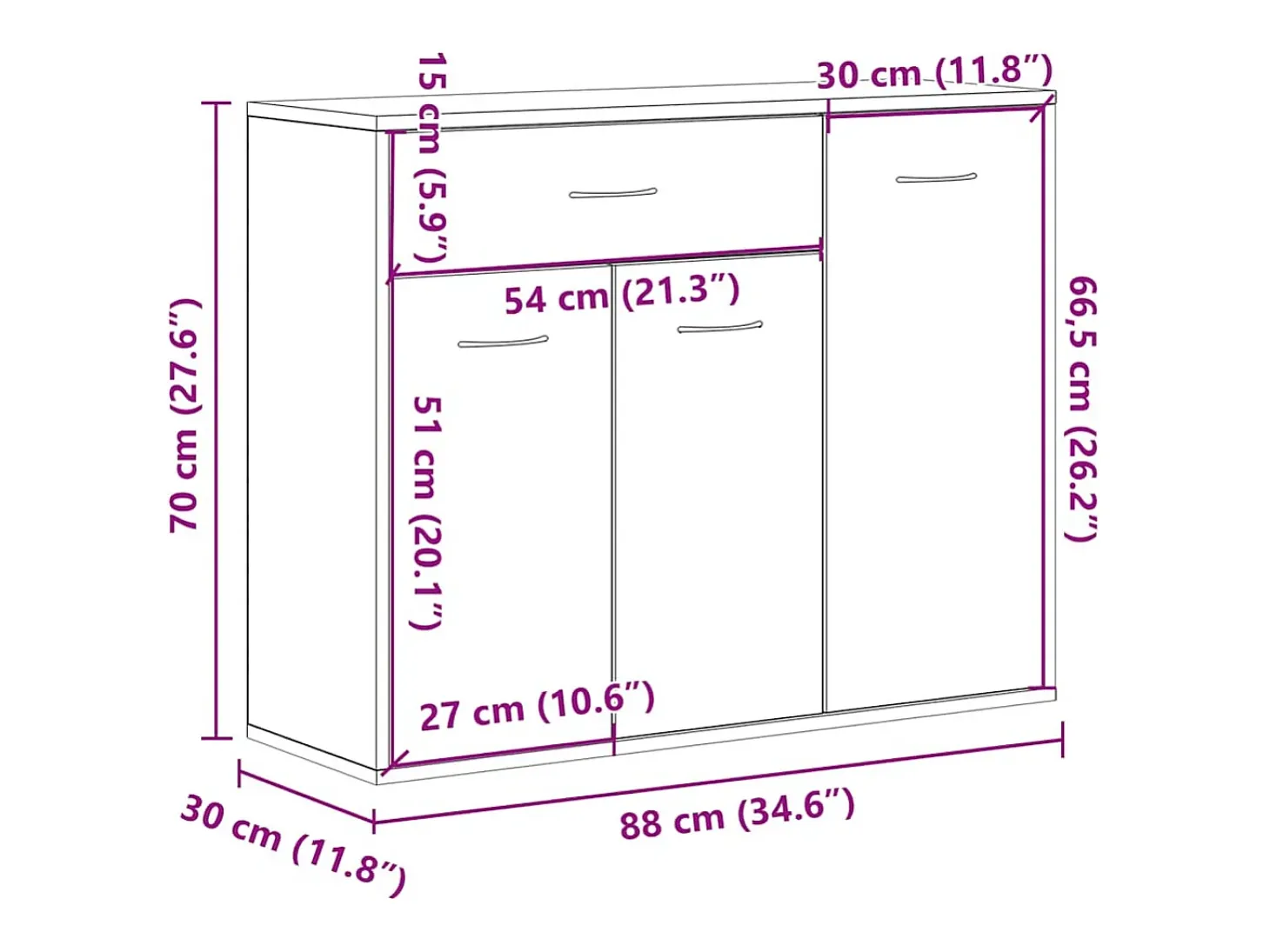 Aparador de madera contrachapada blanco brillante 88x30x70 cm