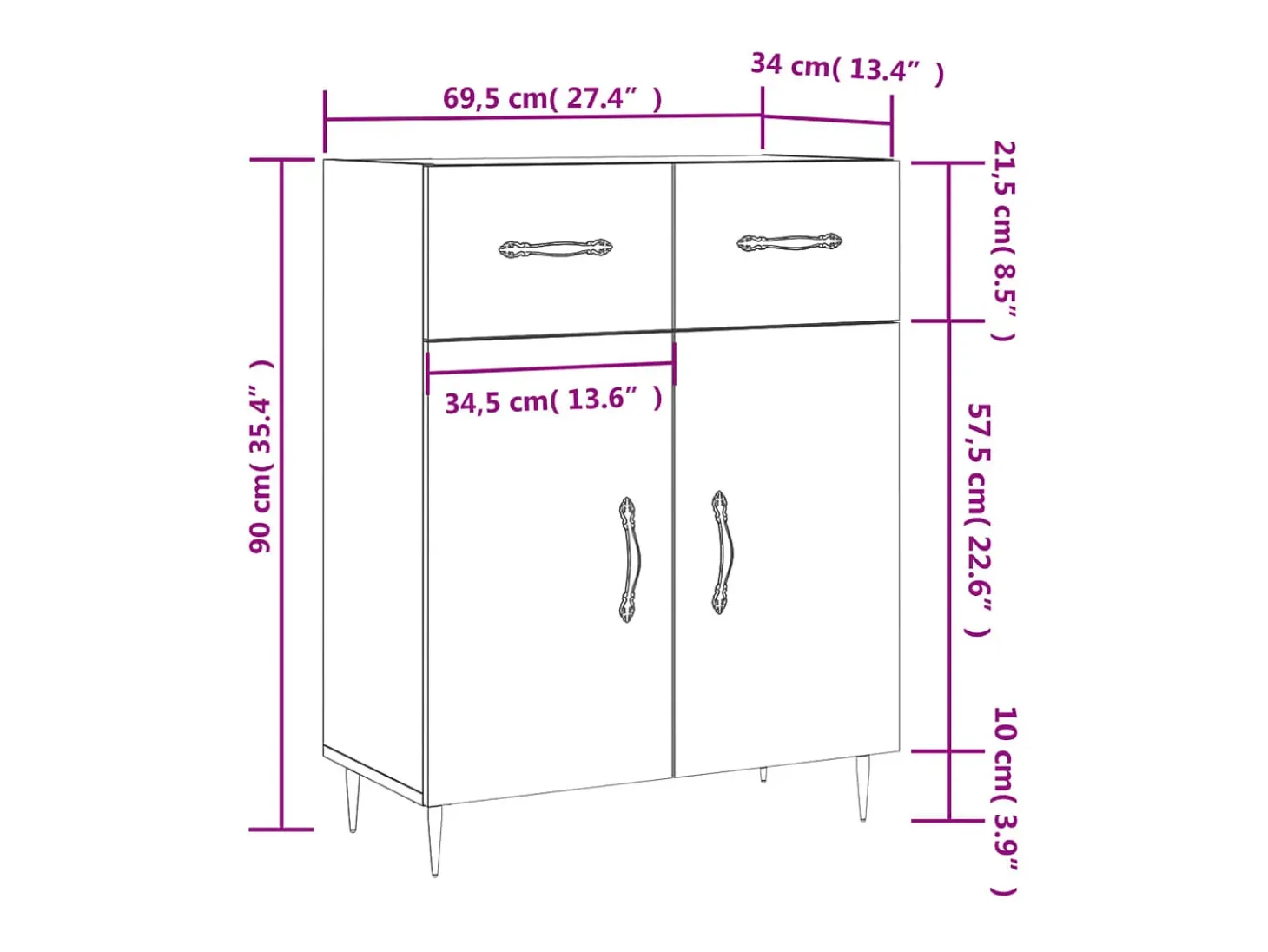 Aparador de madera contrachapada blanco brillante 69,5x34x90 cm
