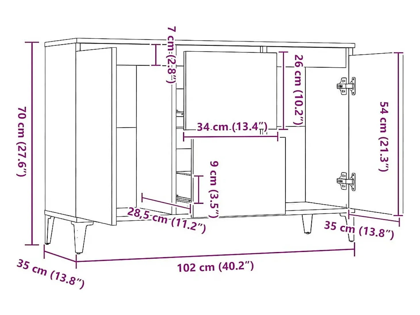 Aparador de madera contrachapada gris hormigón 102x35x70 cm