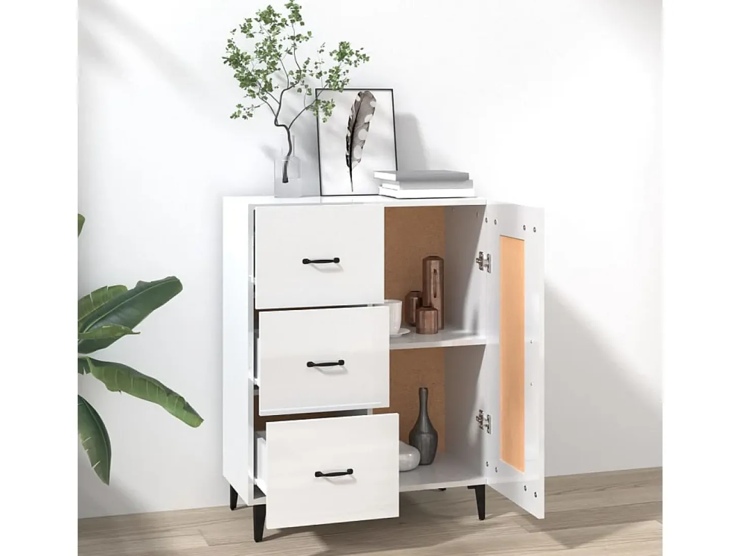 Aparador de madera contrachapada blanco brillante 69,5x34x90 cm