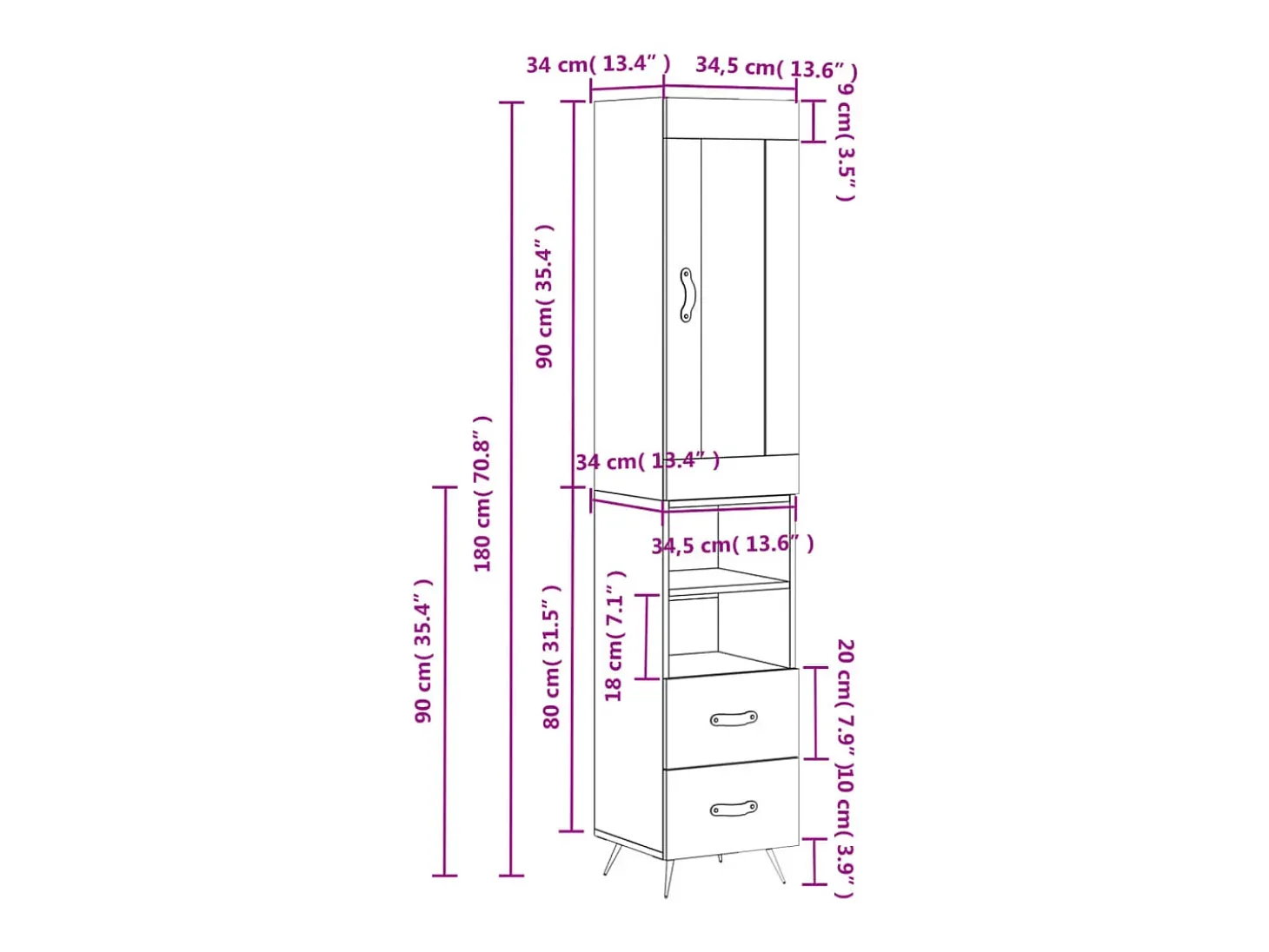 Aparador de madera contrachapada roble ahumado 34,5x34x180 cm
