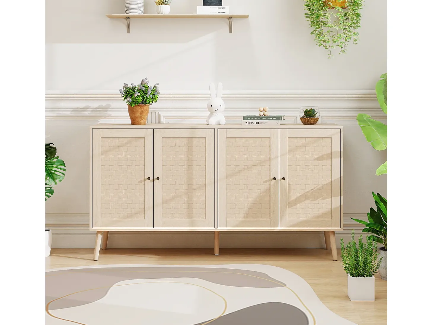 Aparador de madera de 150 x 40 x 80 cm, 4 puertas, diseño ondulado, mueble moderno para salón/dormitorio