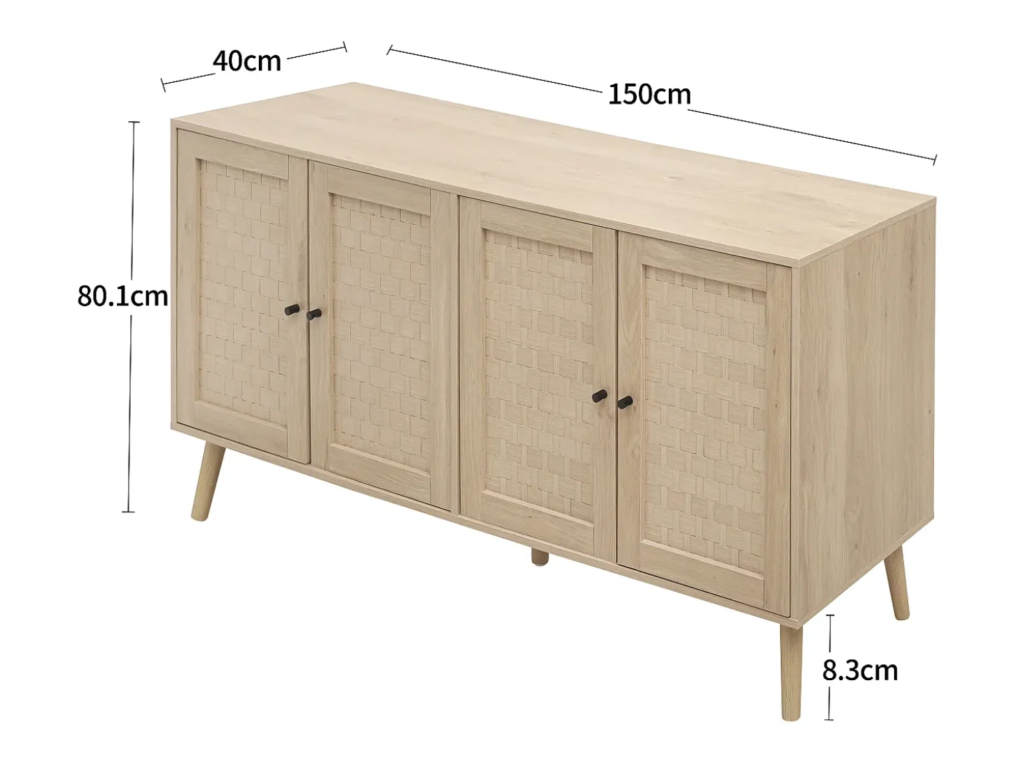 Aparador de madera de 150 x 40 x 80 cm, 4 puertas, diseño ondulado, mueble moderno para salón/dormitorio