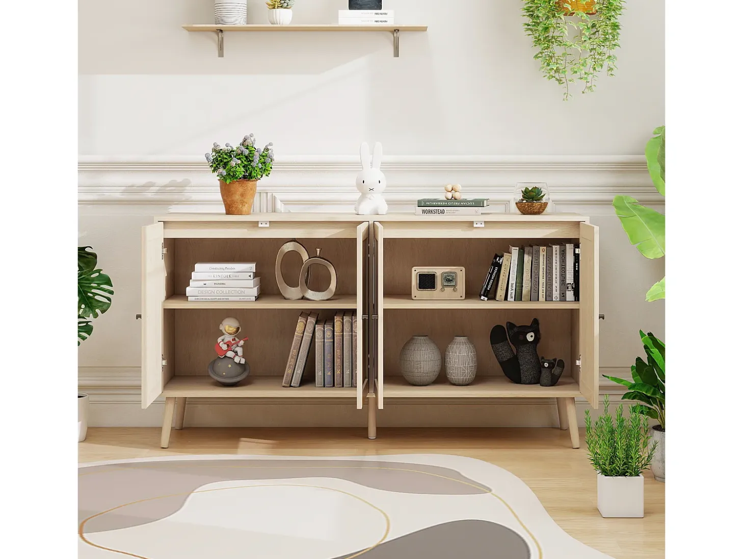 Aparador de madera de 150 x 40 x 80 cm, 4 puertas, diseño ondulado, mueble moderno para salón/dormitorio