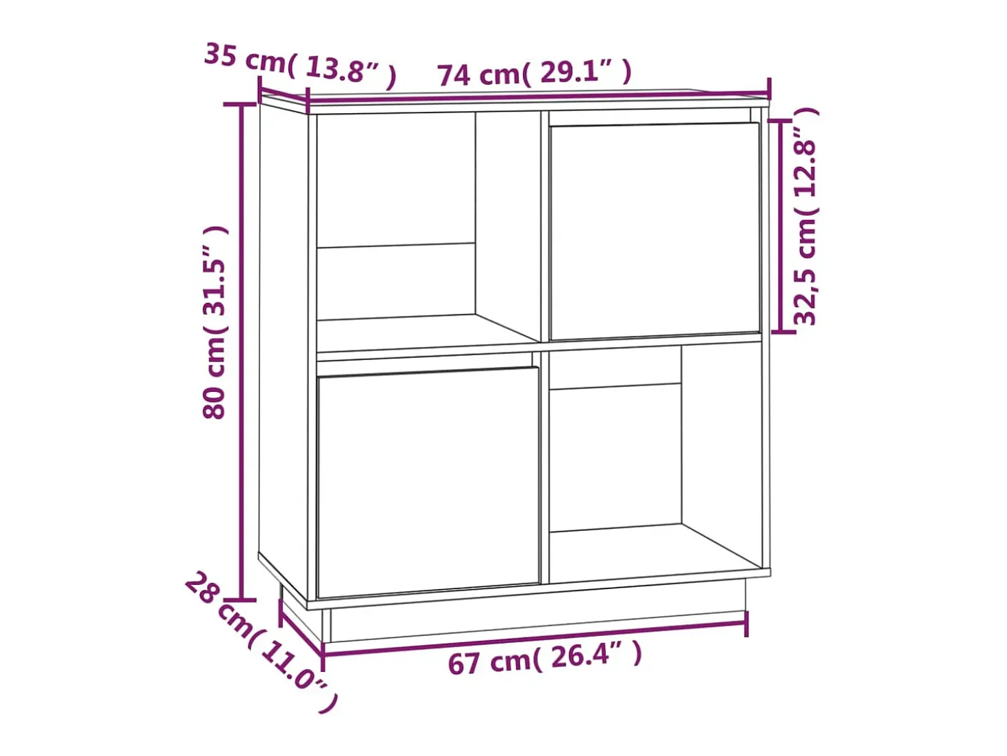 Aparador de madera maciza de pino blanco 74x35x80 cm
