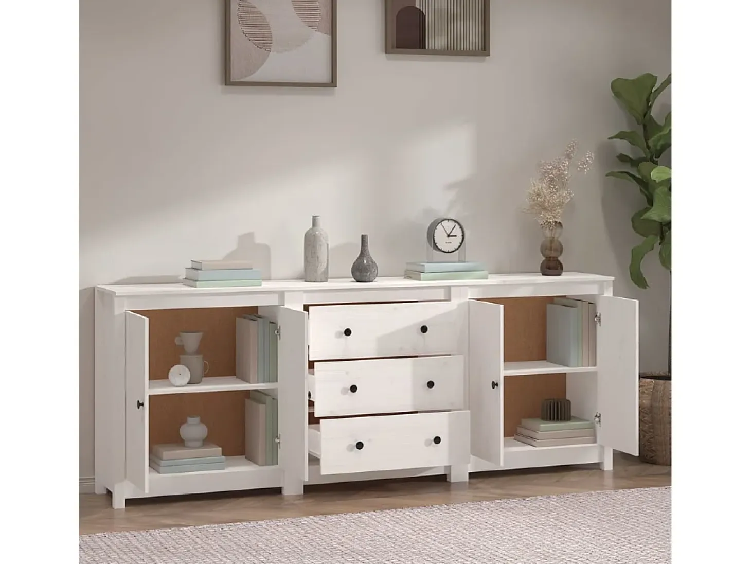 Aparador de madera maciza de pino blanco 210x35x80 cm ES48830