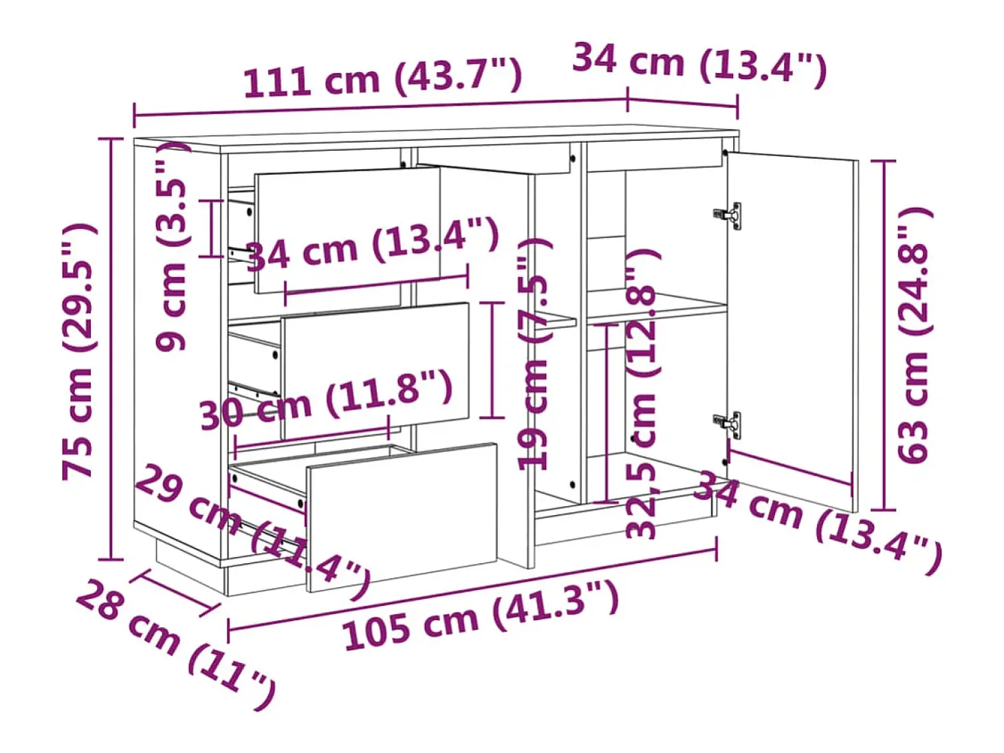 Aparador de madera maciza de pino 111x34x75 cm