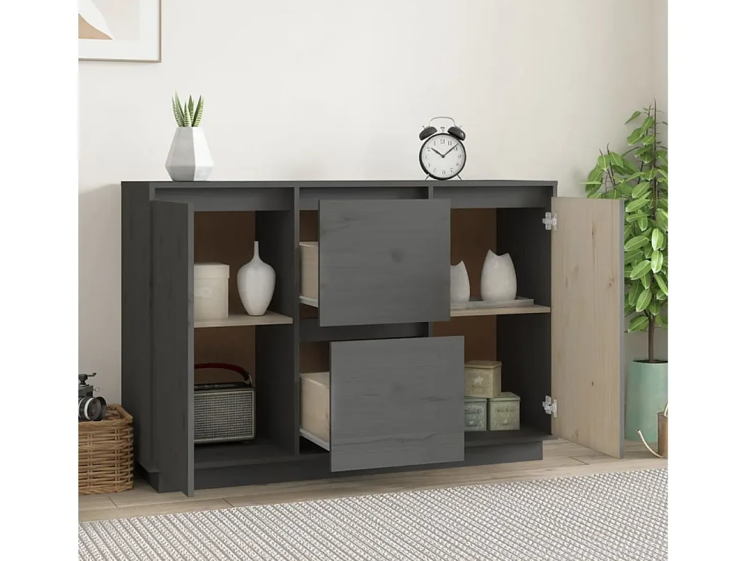 Aparador de madera maciza de pino gris 111x34x75 cm