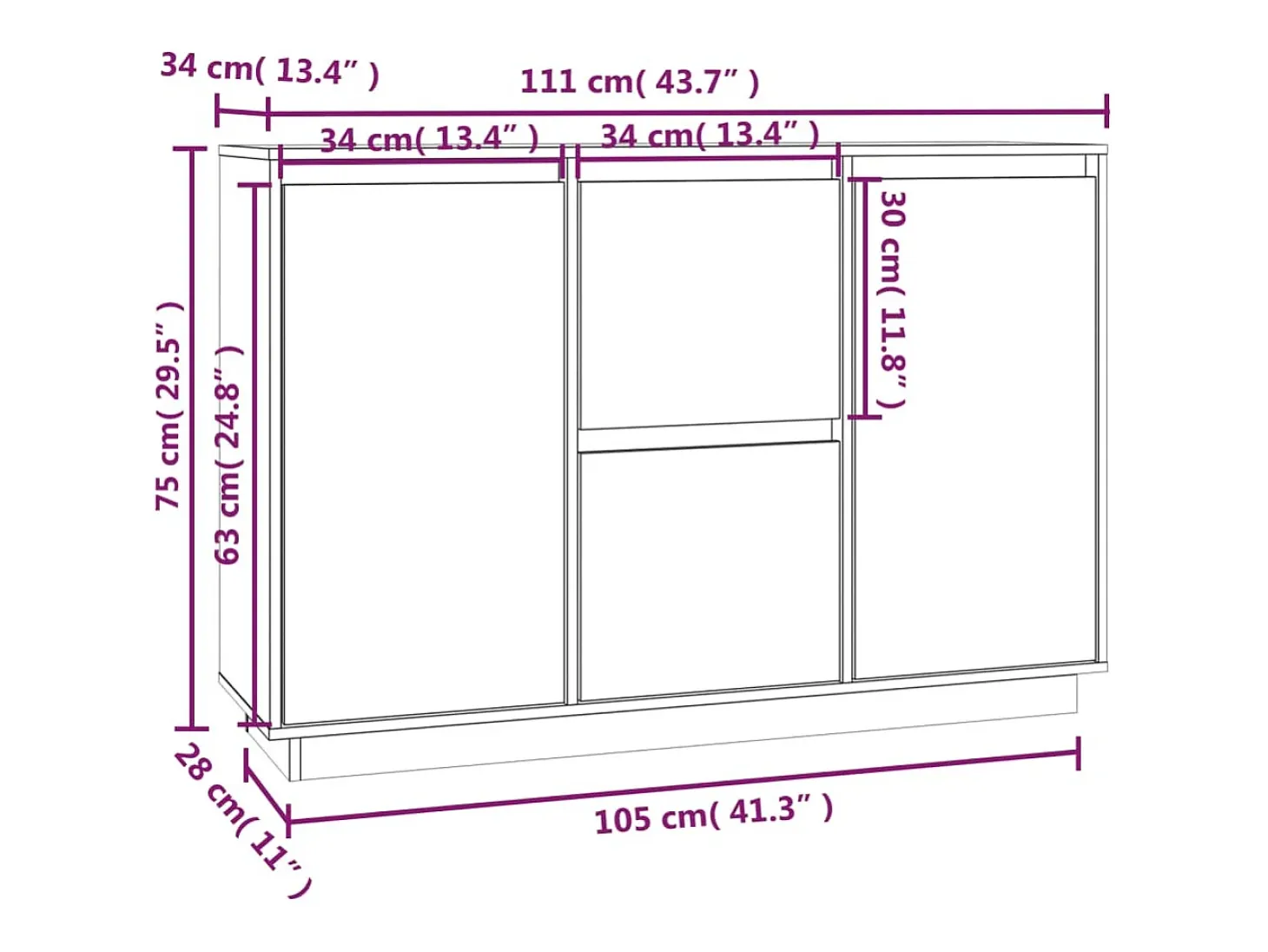 Aparador de madera maciza de pino negro 111x34x75 cm