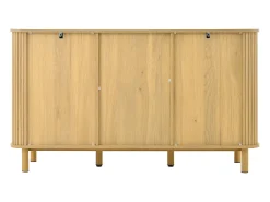 Aparador de madera natural con 2 puertas de ratán y 3 cajones rayados - Patas de metal