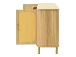 Aparador de madera natural con 2 puertas de ratán y 3 cajones rayados - Patas de metal