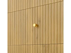 Aparador de madera natural con 2 puertas de ratán y 3 cajones rayados - Patas de metal