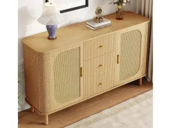 Aparador de madera natural con 2 puertas de ratán y 3 cajones rayados - Patas de metal