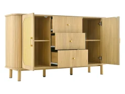 Aparador de madera natural con 2 puertas de ratán y 3 cajones rayados - Patas de metal
