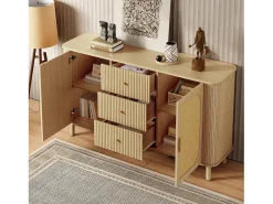 Aparador de madera natural con 2 puertas de ratán y 3 cajones rayados - Patas de metal