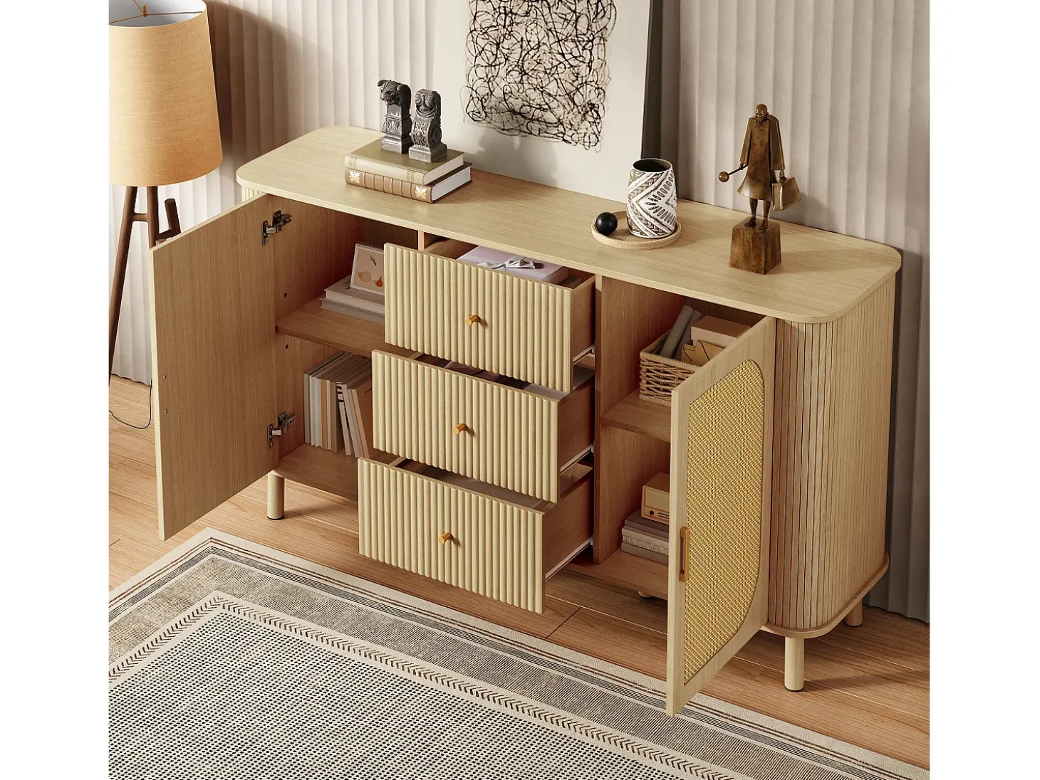 Aparador de madera natural con 2 puertas de ratán y 3 cajones rayados - Patas de metal