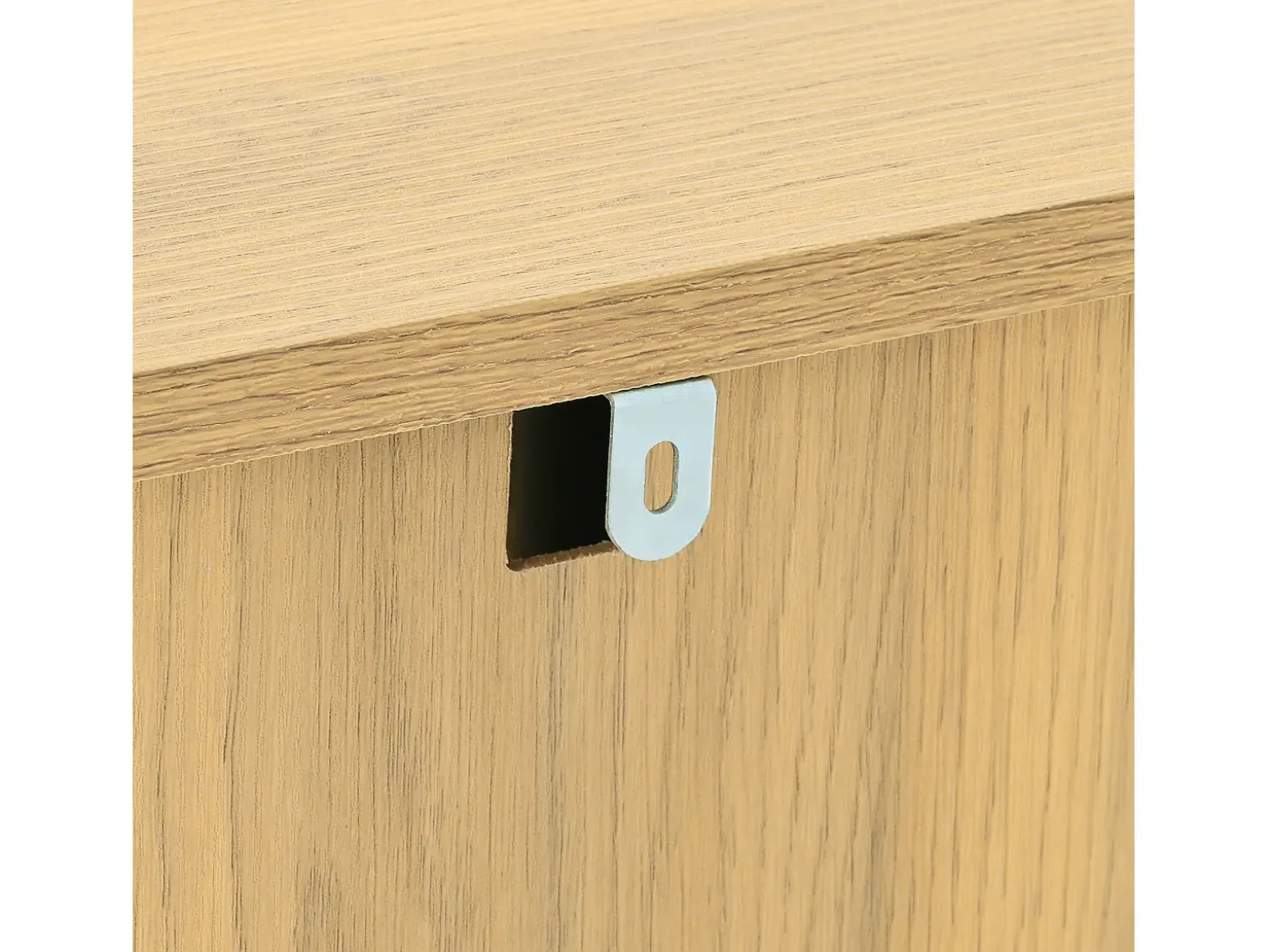 Aparador de madera natural con 2 puertas de ratán y 3 cajones rayados - Patas de metal