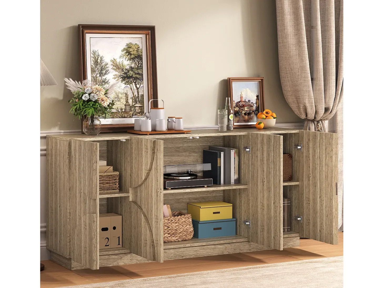 Aparador de madera natural con estantes, estilo reboteador, perfecto para la sala de estar o la cocina.