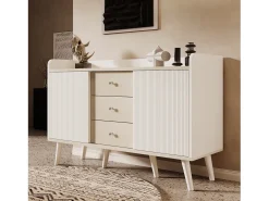 Aparador de madera veteada para dormitorio y salón - 117,5 x 40 x 80 cm - con 3 cajones y 2 puertas - tablero de partículas - blanco