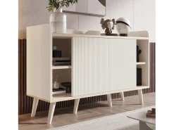 Aparador de madera veteada para dormitorio y salón - 117,5 x 40 x 80 cm - con 3 cajones y 2 puertas - tablero de partículas - blanco