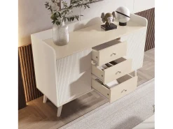 Aparador de madera veteada para dormitorio y salón - 117,5 x 40 x 80 cm - con 3 cajones y 2 puertas - tablero de partículas - blanco