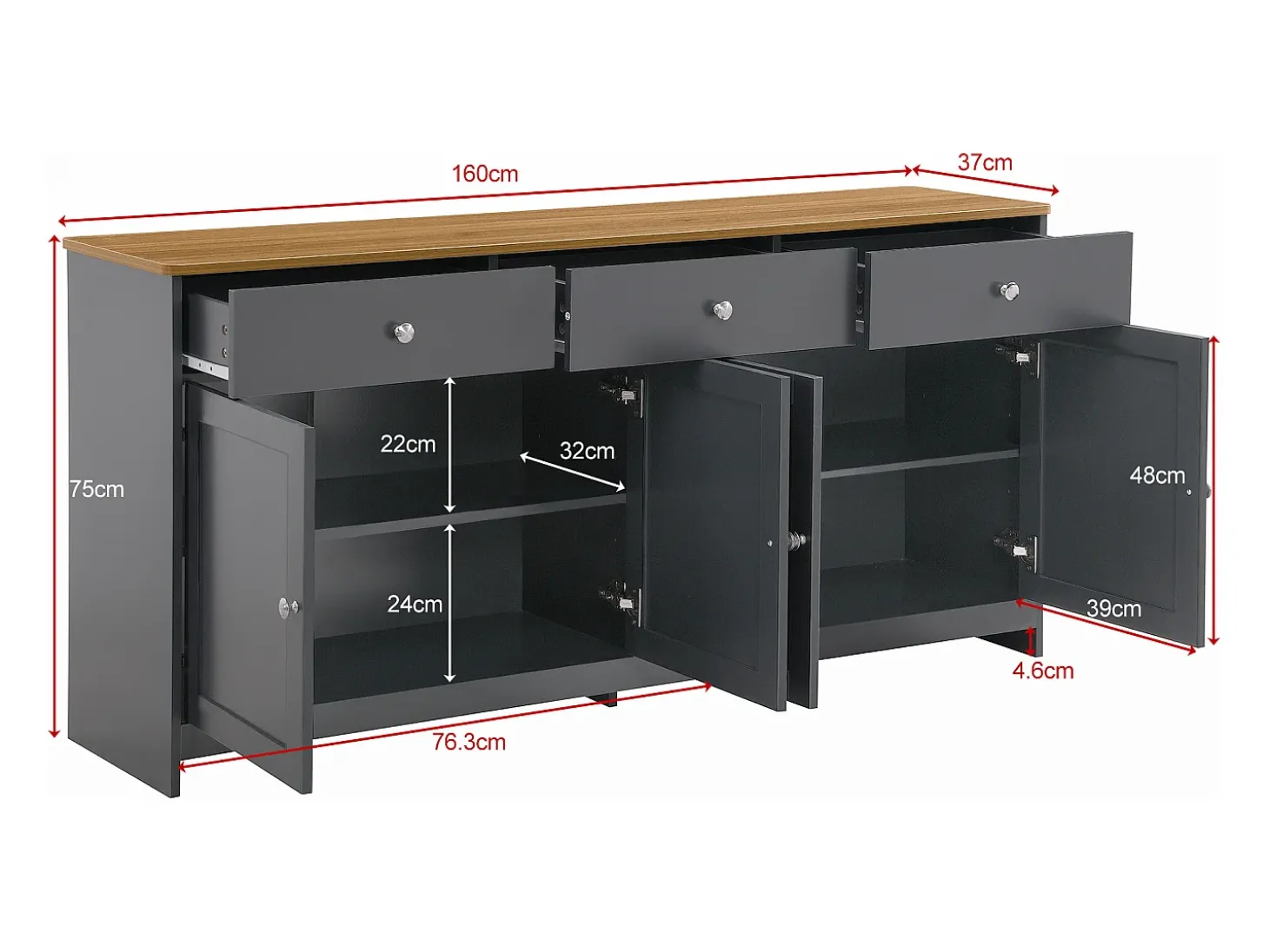 Aparador de madera veteada en gris-negro con 4 puertas y 3 cajones - Madera MDF