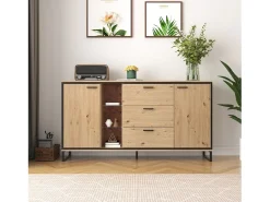 Aparador de madera y negro con LED, 3 cajones y divisores abiertos - para salón y comedor