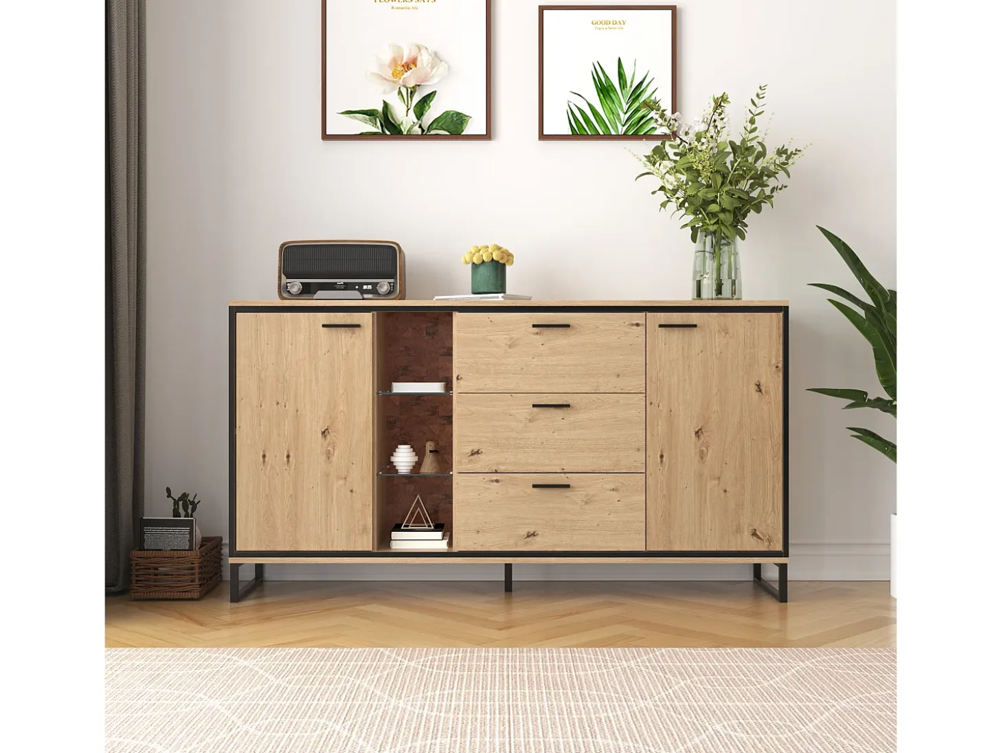 Aparador de madera y negro con LED, 3 cajones y divisores abiertos - para salón y comedor