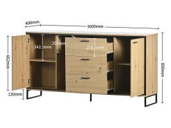 Aparador de madera y negro con LED, 3 cajones y divisores abiertos - para salón y comedor