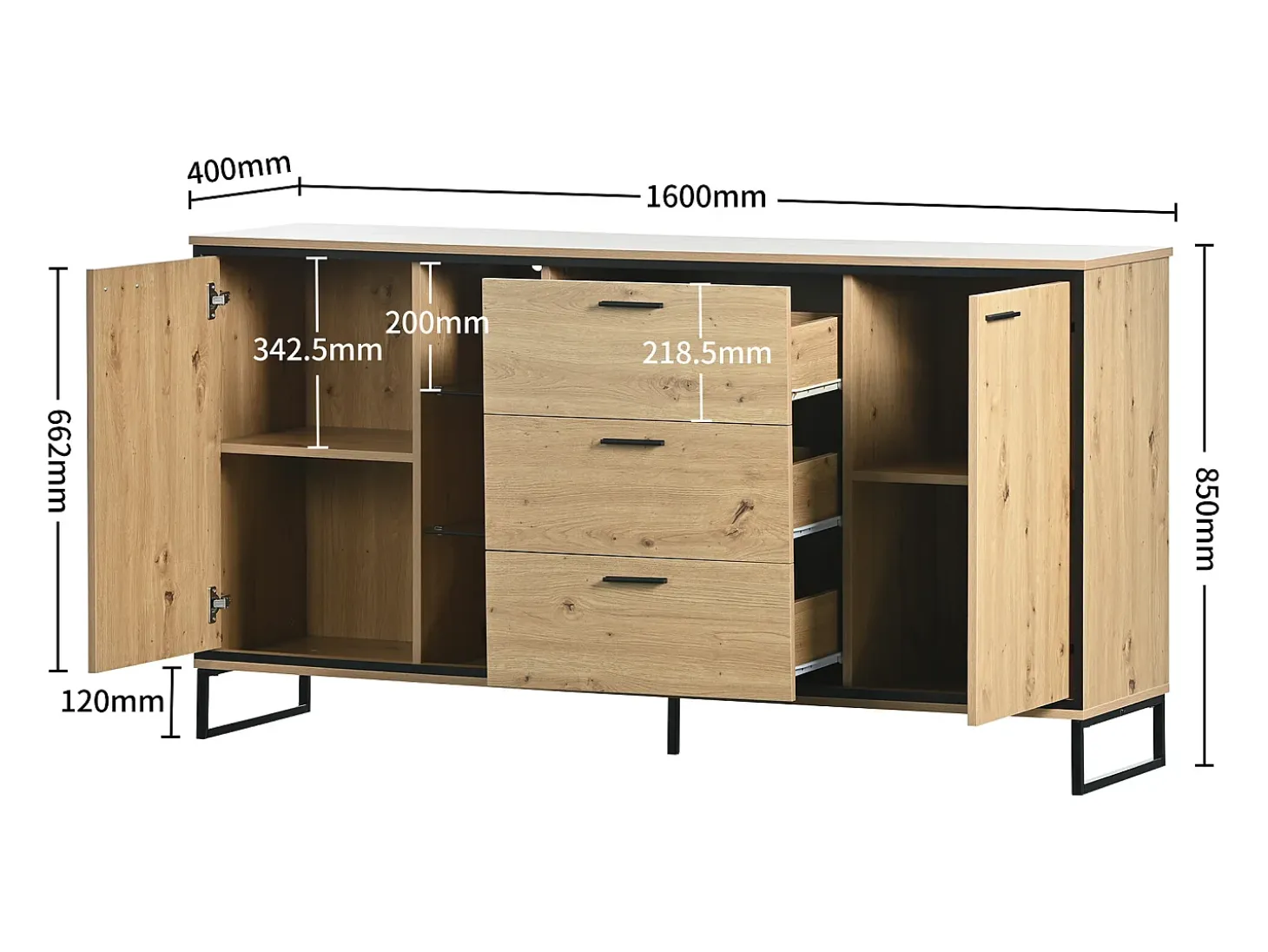 Aparador de madera y negro con LED, 3 cajones y divisores abiertos - para salón y comedor
