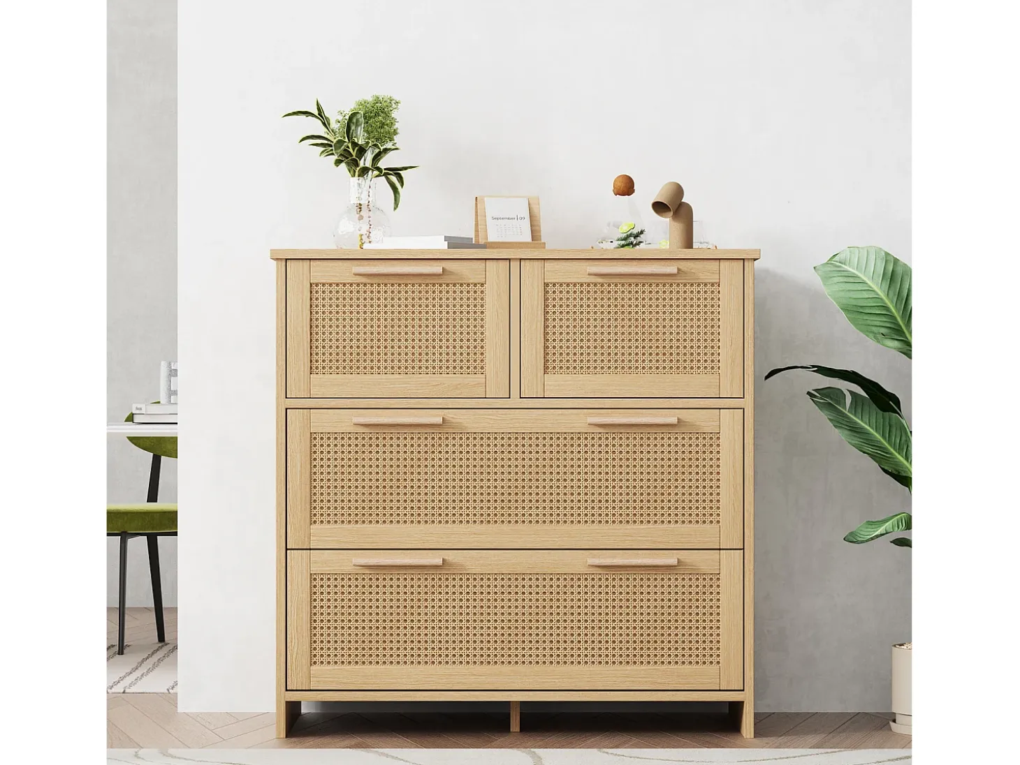 Aparador de ratán - 80 x 80 x 38 cm - con 4 cajones - versátil para salón, comedor, etc.