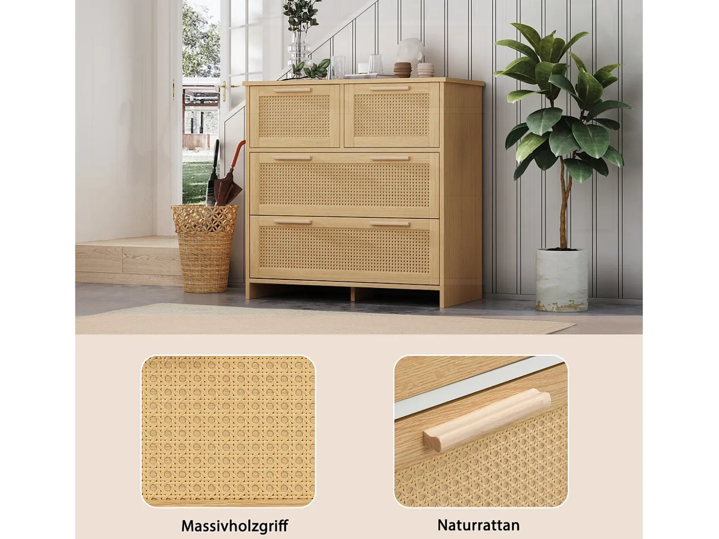 Aparador de ratán - 80 x 80 x 38 cm - con 4 cajones - versátil para salón, comedor, etc.