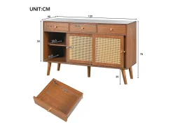 Aparador de ratán - Aparador de nogal con 3 cajones y 3 puertas correderas - tiradores de metal - patas de madera