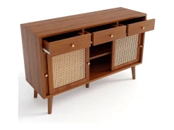 Aparador de ratán - Aparador de nogal con 3 cajones y 3 puertas correderas - tiradores de metal - patas de madera