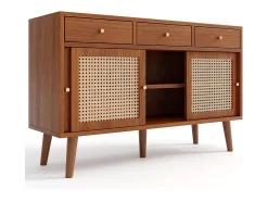 Aparador de ratán - Aparador de nogal con 3 cajones y 3 puertas correderas - tiradores de metal - patas de madera