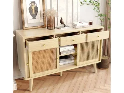 Aparador de ratán - Aparador de roble con 3 cajones y 3 puertas correderas - tiradores de metal - patas de madera