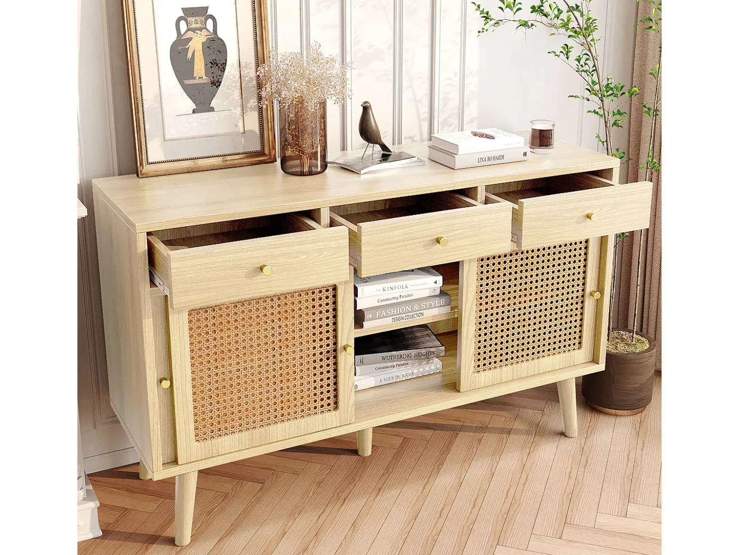 Aparador de ratán - Aparador de roble con 3 cajones y 3 puertas correderas - tiradores de metal - patas de madera