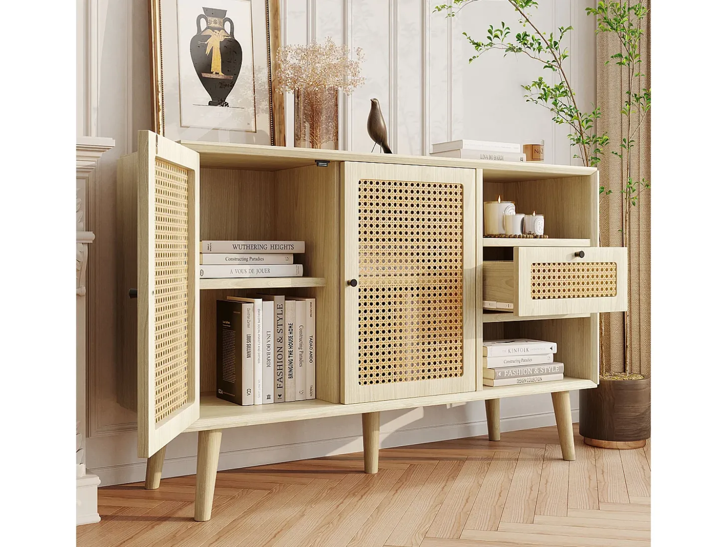 Aparador de ratán - Aparador de roble con 1 cajón y 2 puertas - estantes regulables - patas de madera