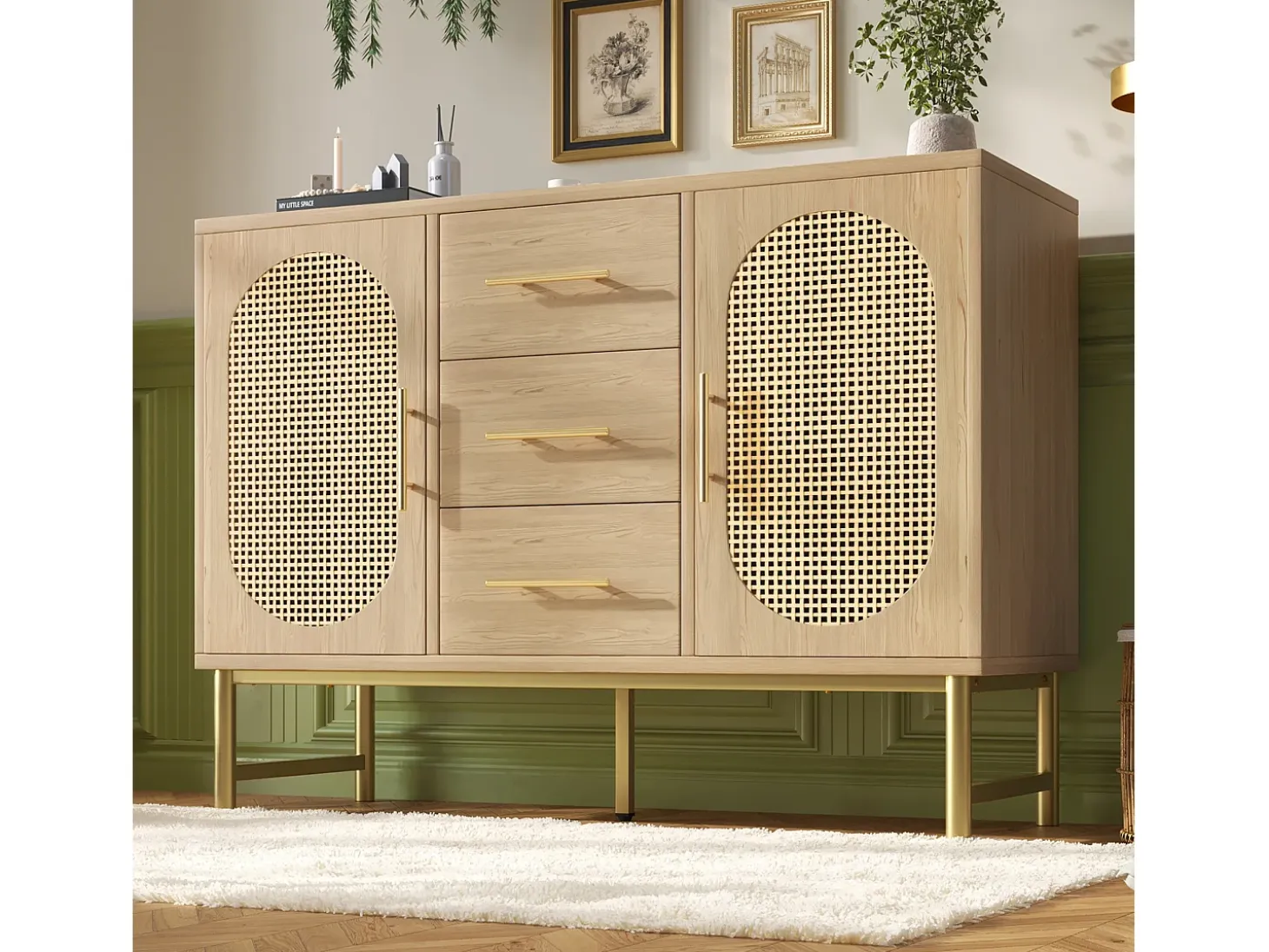 Aparador de ratán, 3 cajones y 2 puertas en ratán, diseño moderno, madera, blanco, con estantes regulables (120x40x74 cm)