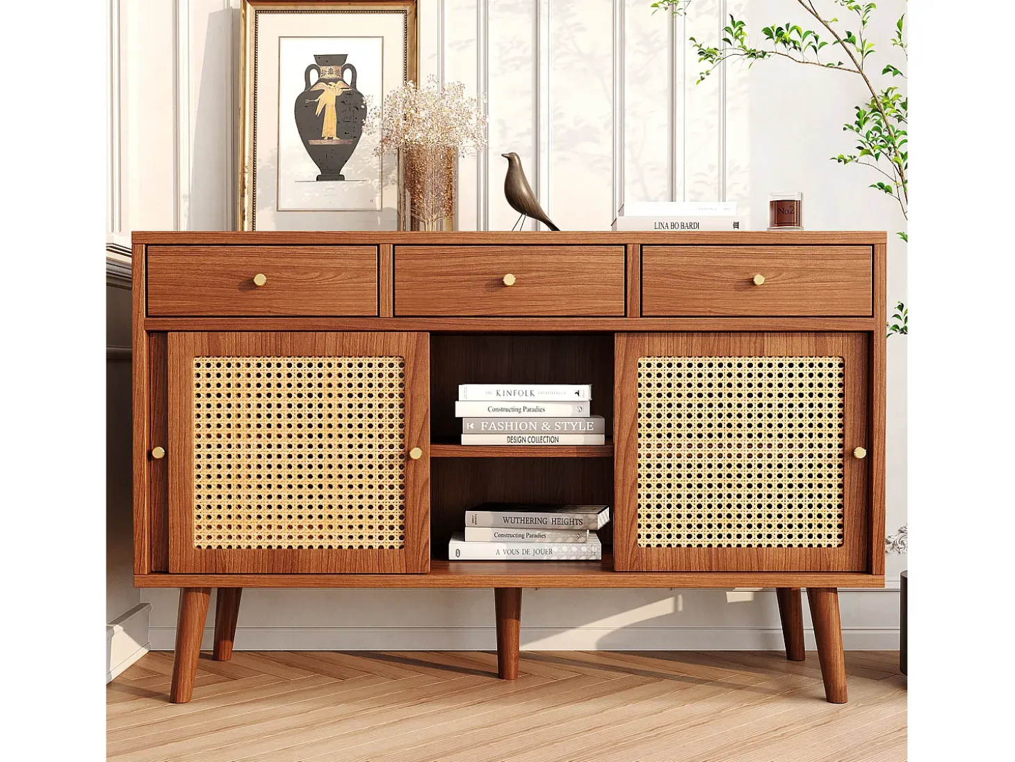 Aparador de ratán con 3 cajones y 3 puertas - Estantes ajustables - Madera - Nogal (120x40x78cm)