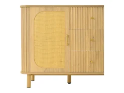 Aparador de ratán con cajones, patas metálicas con acabado de madera, diseño curvo, 140 x 40 x 80 cm