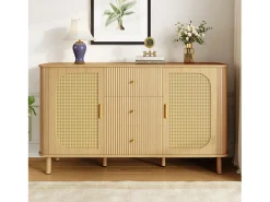 Aparador de ratán con cajones, patas metálicas con acabado de madera, diseño curvo, 140 x 40 x 80 cm