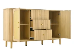 Aparador de ratán con cajones, patas metálicas con acabado de madera, diseño curvo, 140 x 40 x 80 cm