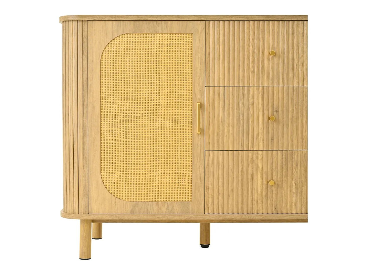 Aparador de ratán con cajones, con patas de metal imitación madera, diseño curvo, 140 x 40 x 80 cm
