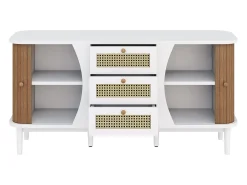 Aparador de ratán, con puertas correderas, estantes regulables, tapa redondeada, blanco y madera (140,5x40x76 cm)
