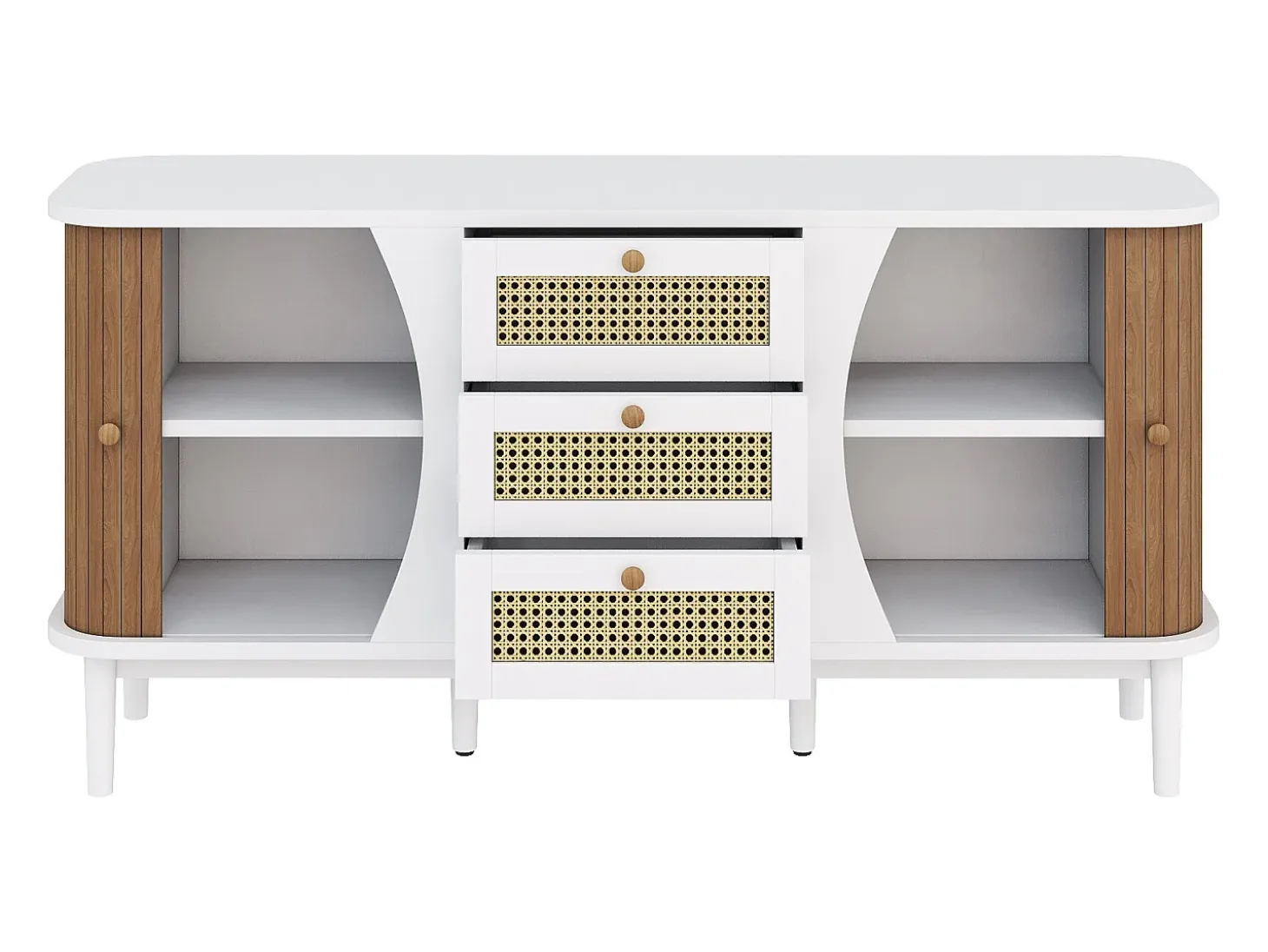 Aparador de ratán, con puertas correderas, estantes regulables, tapa redondeada, blanco y madera (140,5x40x76 cm)