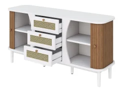 Aparador de ratán, con puertas correderas, estantes regulables, tapa redondeada, blanco y madera (140,5x40x76 cm)
