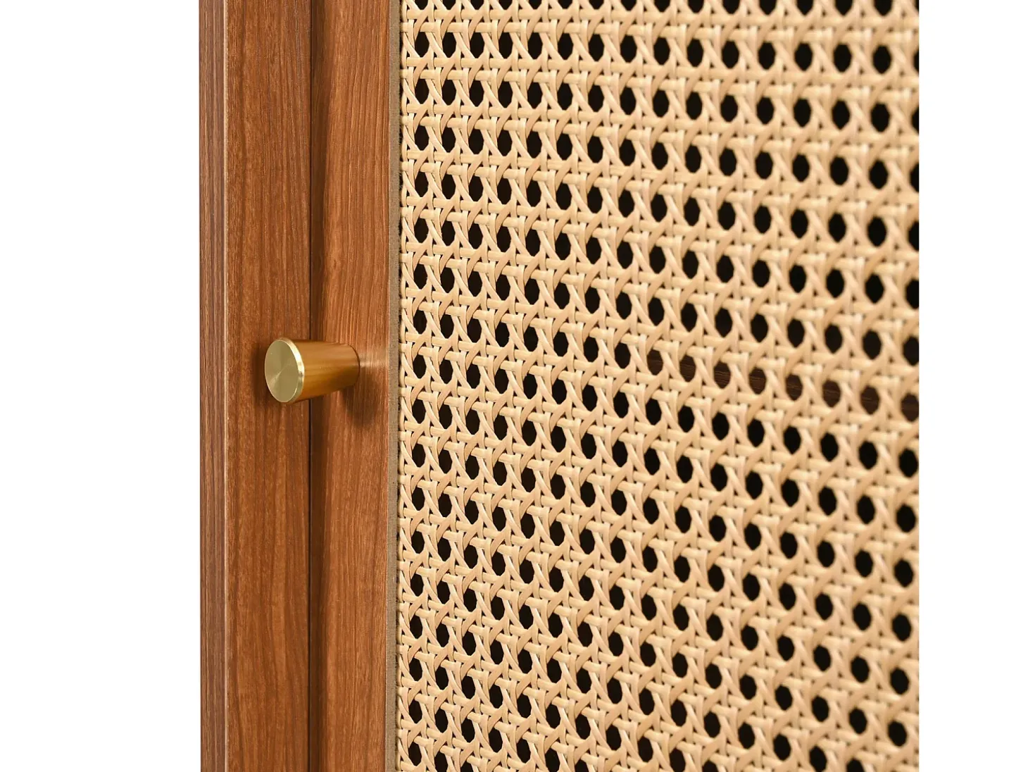 Aparador de ratán 120x40x78cm, con 3 cajones y 3 puertas correderas, patas de madera maciza, tirador de metal dorado, estantes regulables, nogal
