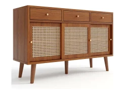 Aparador de ratán 120x40x78cm, con 3 cajones y 3 puertas correderas, patas de madera maciza, tirador de metal dorado, estantes regulables, nogal