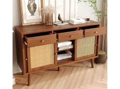 Aparador de ratán 120x40x78cm, con 3 cajones y 3 puertas correderas, patas de madera maciza, tirador de metal dorado, estantes regulables, nogal
